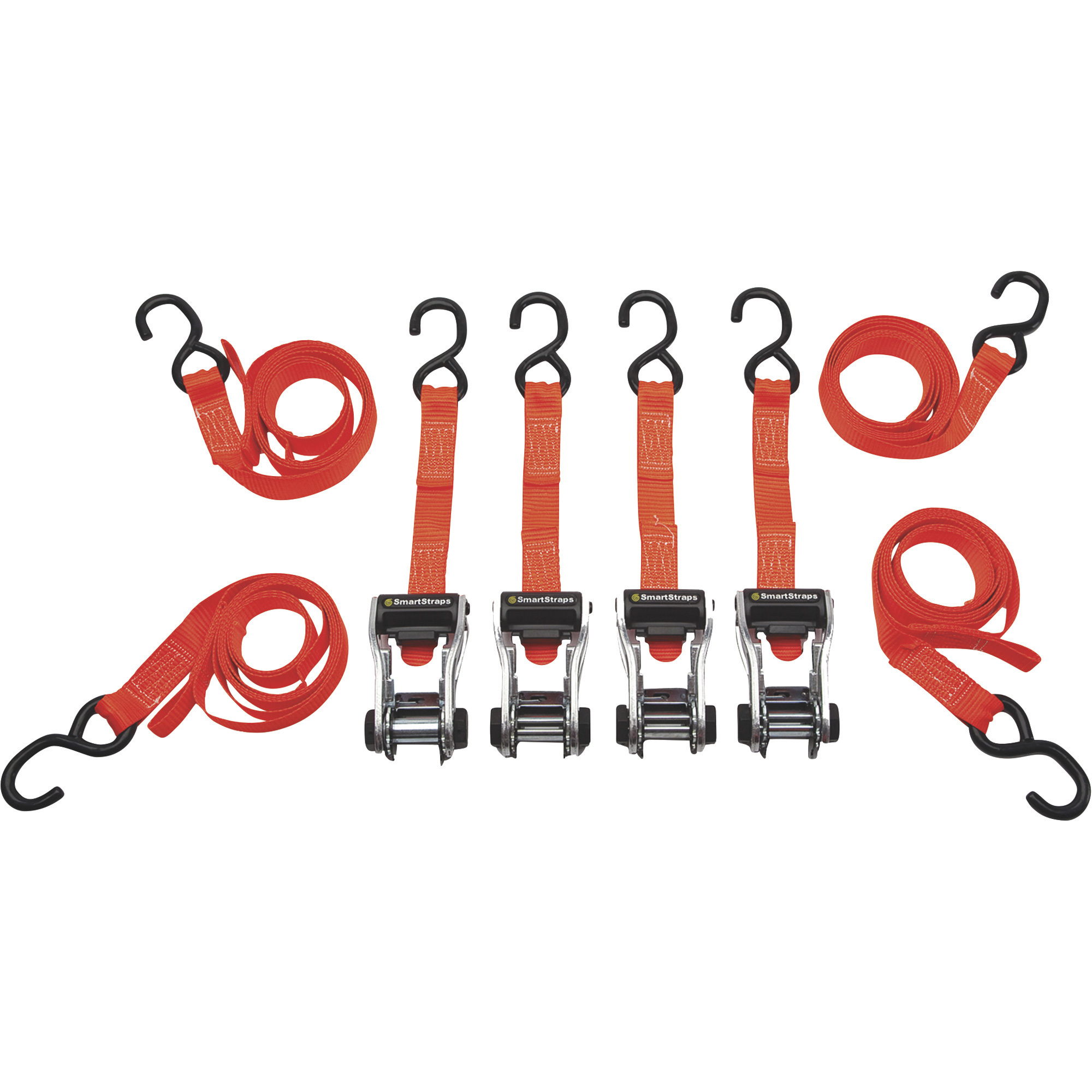SmartStraps RatchetX Aluminum TieDowns, 14ft.L, 3,000Lb. Breaking Strength, 4Pack, Orange